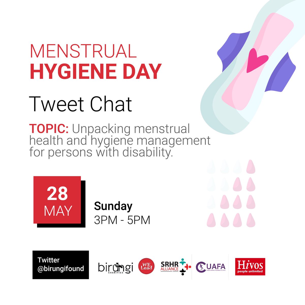 Today, millions of women and girls around the world are stigmatised, excluded and discriminated against simply because they menstruate. It’s even worse for those with disabilities.

Join the tweet chat by @BirungiFound and her partners.

#HealthyPeriods4Her  
#WeLeadOurSRHR