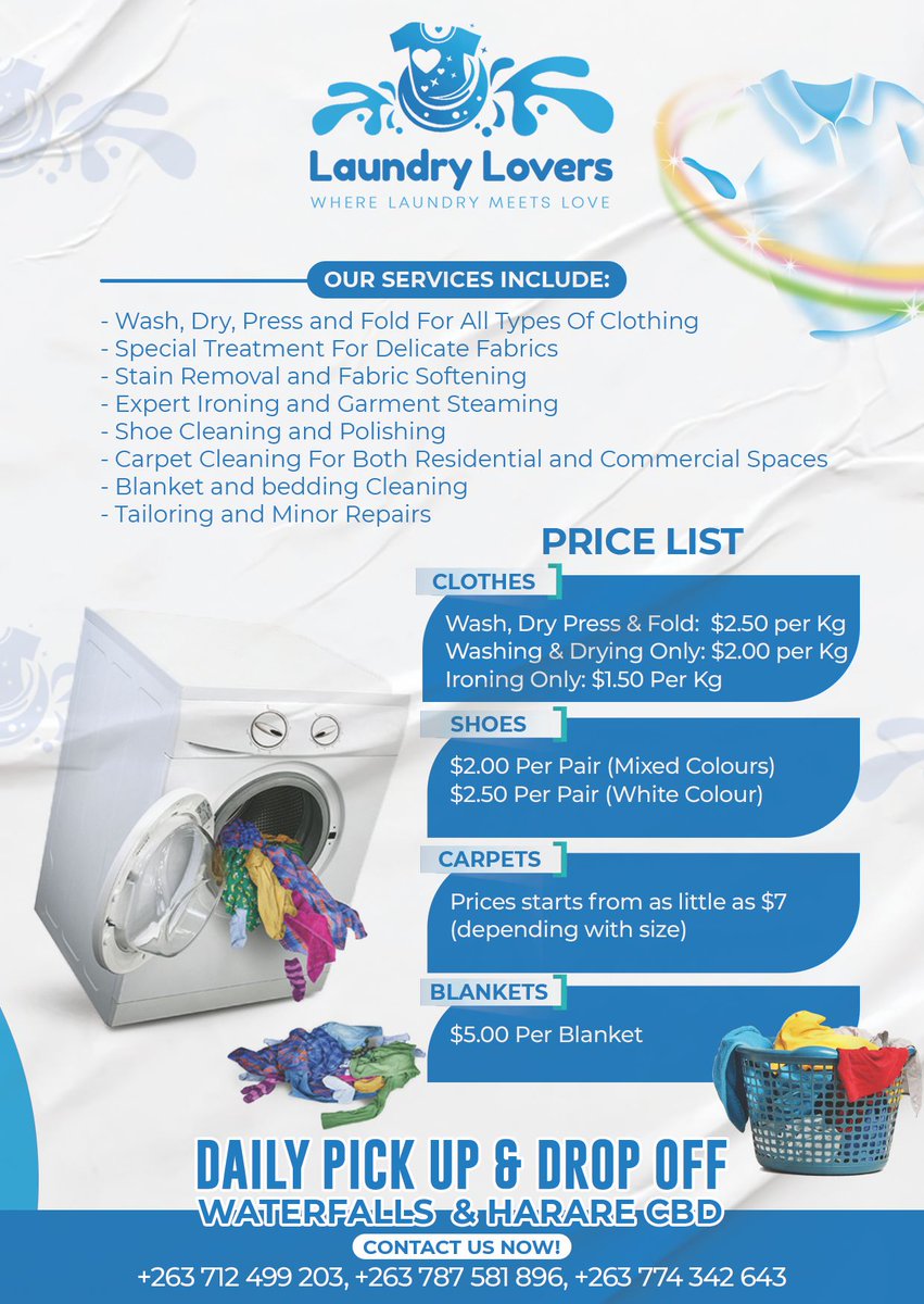 For professional laundry services, contact +263712499203 or use this WhatsApp link to view our catalog wa.me/c/263712499203
Anywhere you are in Harare, we can make a pick up arrangement for your laundry!
<a href="/redmarketsunday/">Red Market Sunday</a> <a href="/iMisred/">MISRED</a> #redmarketsunday
