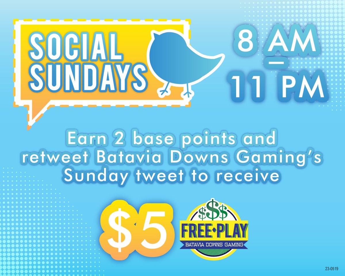 BataviaDowns's tweet photo. ✨ Retweet this tweet for $5 Free Play* for #bdgsocialsunday after 8 am on 5/28/2023!

*Must earn 2 points on your Players Club Card to redeem.

Show retweet to Players Club via phone/print out to be eligible to receive promotion.

Official Rules: https://t.co/a91b2yrWhG https://t.co/IHzYfbXvAr