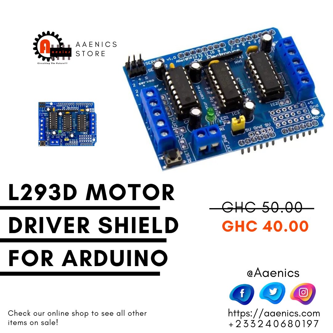 The #L293D motor driver shield can be very useful when you want your #microcontroller to control the speed and direction of a maximum of 4 independent DC motors It also supports the control of up to 2 #servo motors #robotics #maker #mechatronics #arduino #STEM