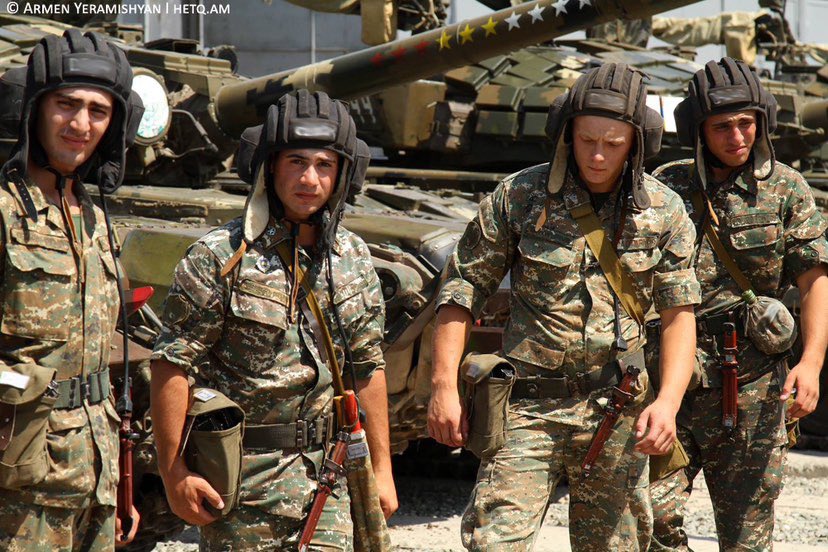 1/2 Artsakh Defence Army tank crew in front of their T-72B1’s, note the stars on the barrel, red denotes tanks knocked out, yellow denotes BMP’s knocked out and white is other targets so APC’s/trucks etc.