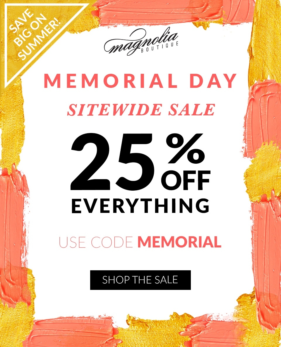 When one sale ends, another sale begins 😉 it's time to keep the savings going with our additional Memorial Day sale! 

Save 25% OFF site wide! Use code: MEMORIAL

#sale #shopsale #saleonsale #memorialday #holidaysale #shoponline #indiefashion #25off