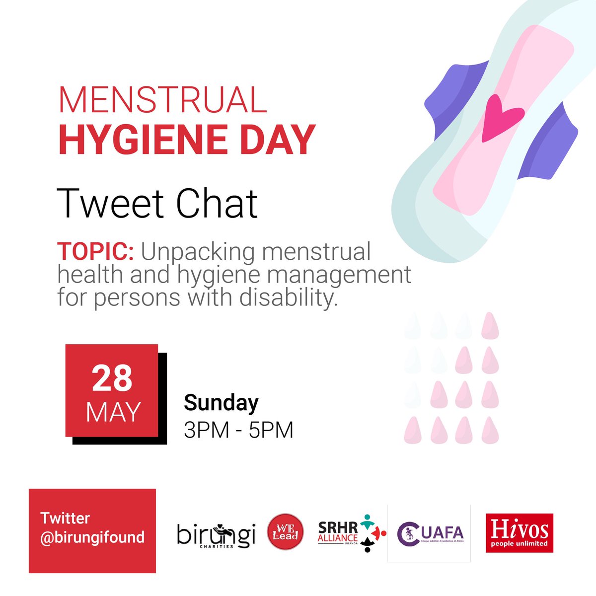 Good afternoon and welcome to our period chat,in commemoration of this years #MenstrualHygieneDay we are focusing on adolescent girls and young women with disabilities. 

Kindly introduce yourself 😊
#HealthyPeriods4Her 
#WeAreCommited 
#WeLeadOurSRHR