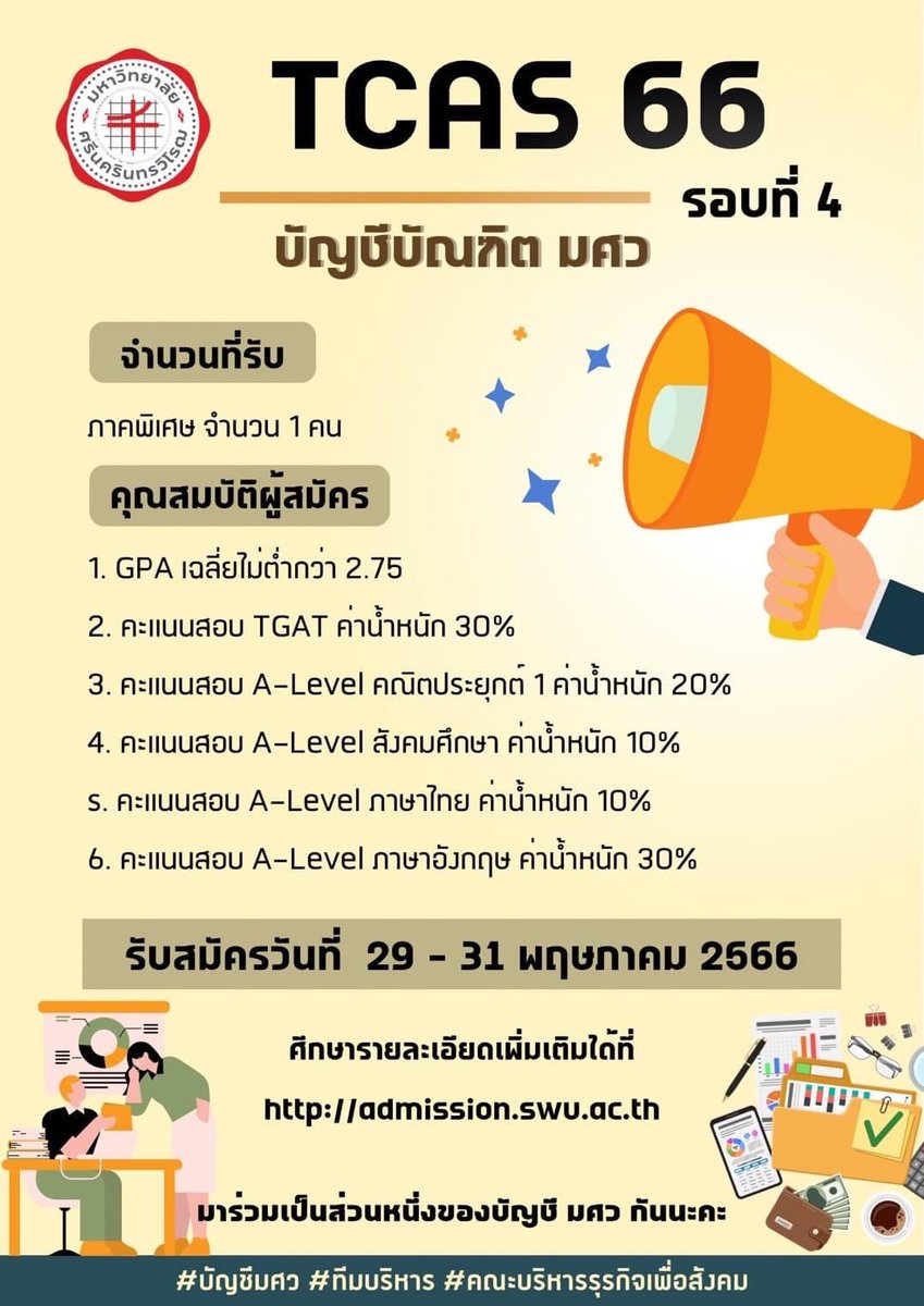 accy_swu's tweet photo. 📢📢📢 TCAS 66 รอบ 4 
หลักสูตรบัญชีบัณฑิต ประจำปีการศึกษา 2566

รับสมัครวันที่ 29 - 31 พฤษภาคม 2566
ระบบรับสมัครปิดเวลา 18.00น.

บัญชีบัณฑิต(ภาคพิเศษ) จำนวน 1 คน

ดูรายละเอียดเพิ่มเติมได้ที่ 
https://t.co/hQc04jGCkG

#บัญชีมศว
#ทีมบริหาร
#คณะบริหารธุรกิจเพื่อสังคม https://t.co/FfnSKCMtoD