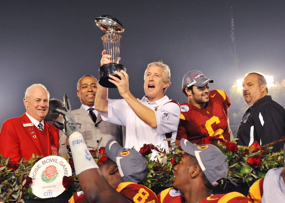 (USC) The Pete Carroll Era

• 97-19 Overall Record
• 25-1 Record in November 
• 62-14 Conference Record
• 3 Heisman Winners 
• 33 Weeks consecutive weeks as the AP #1 team
• B2B National Titles (03 & 04)
• 7-2 Bowl Record
• 4-1 Record in the Rose Bowl
• 2-0 Record in the…