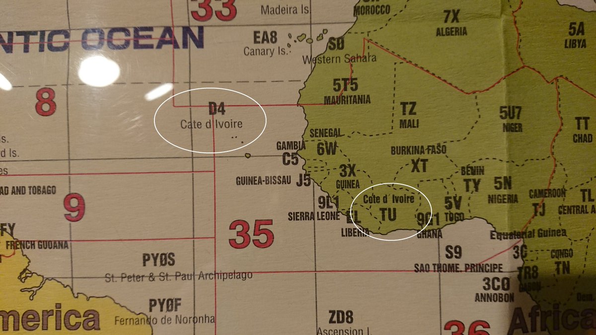 Let's smile on Sunday 😂 
I have this map for some 10Years, never noticed that we have TWO entities with 'd'Ivoire' in Africa - 'Cate' and 'Cote'.
But where is Cape Verde now 🇨🇻?🤔
#Yaesu Amateur's WorldMap 
@SQ9D @DX_World_Japan