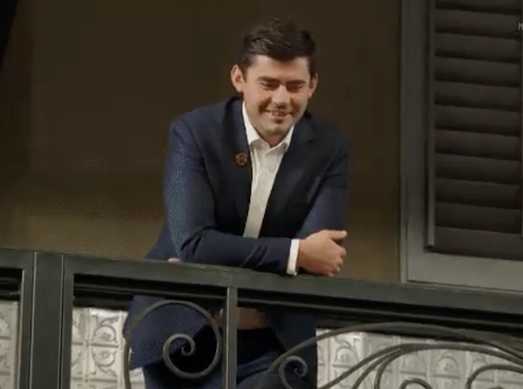 BrandDNA's tweet photo. Declan in his blue suit up on the gantry looking like a young Dan Andrews overseeing one of his big build projects. #UncleRobbie #MasterChefAU https://t.co/7kNTKsrVMZ