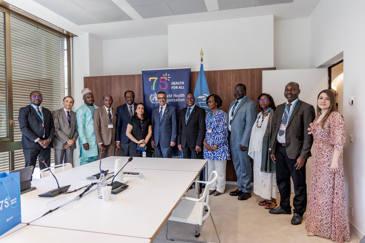 DrTedros's tweet photo. Met with Health Minister @DrManaouda to discuss #Cameroon’s efforts to advance maternal and child health, and deliver #HealthForAll. I assured him of @WHO’s support to strengthen epidemic preparedness and response in the region, as well as to control #cholera. #WHA76 https://t.co/Zh6xL9J2V0