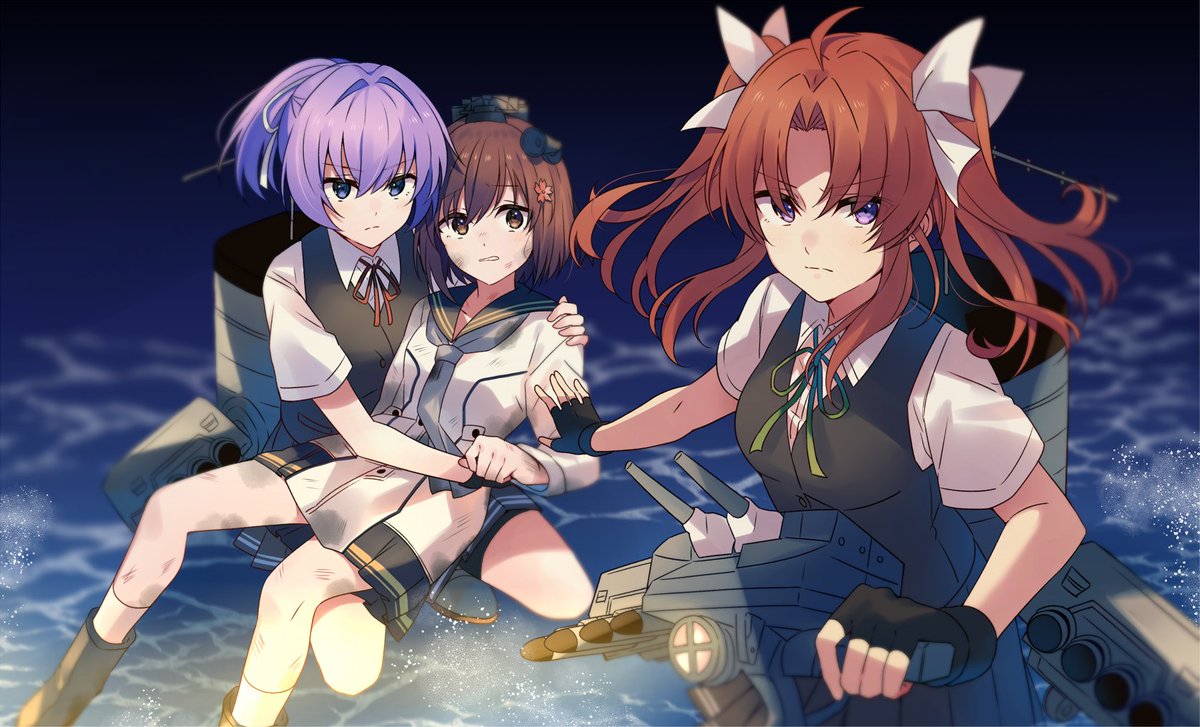 kagerou (kancolle) ,shiranui (kancolle) ,yukikaze (kancolle) multiple girls 3girls brown hair ribbon twintails gloves fingerless gloves  illustration images