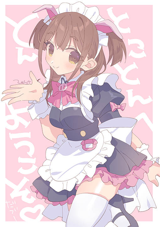 1girl pig ears solo brown hair maid headdress thighhighs animal ears  illustration images