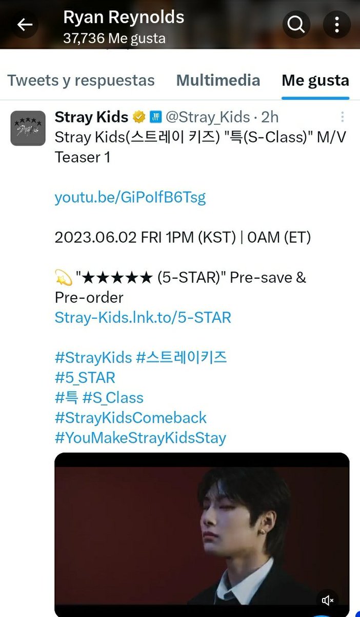 StationStay_Mx's tweet photo. 📸| Actor Ryan Reynolds (@VancityReynolds) reaccionó al Tease de S-CLASS lanzado hoy en Twitter @Stray_Kids 🍂
#StrayKids #5_STAR #S_Class #StrayKids https://t.co/RydCyKBJbN