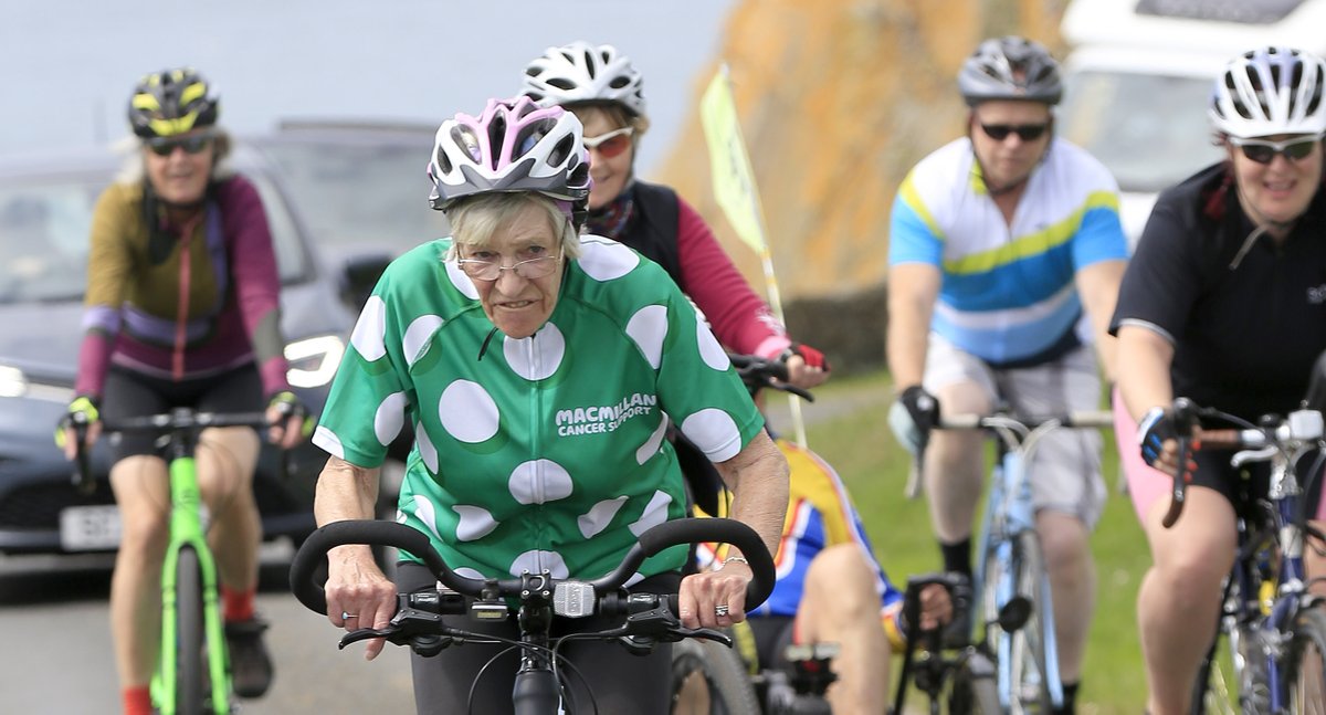 Wow ! Look at 85 year old #Grannymave go as she climbs the last hill on the Mull of Galloway at the end of her 1000 miles plus cycle round Scotland. She has so far raised over 55k for #Macmillancancersupport.

You are awesome Mave.❤️❤️❤️