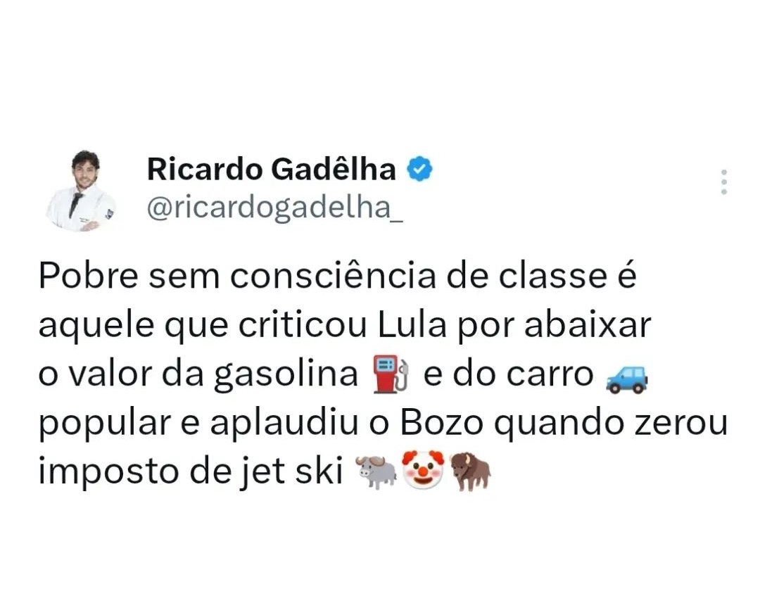 Ale Manso (@alemanso1) on Twitter photo Esse é o pobre de direita, que acha que pertence a elite brasileira, o famoso Zé ninguém
Créditos: <a href="/ricardogadelha_/">Ricardo Gadêlha</a> Esse é o pobre de direita, que acha que pertence a elite brasileira, o famoso Zé ninguém
Créditos: <a href="/ricardogadelha_/">Ricardo Gadêlha</a>
