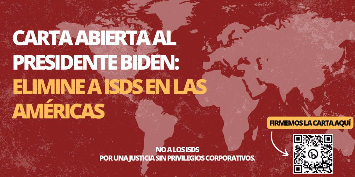 #NoALosISDS🚫🌍#StopISDS 
Buscamos eliminar el mecanismo de solución de controversias inversionista - Estado [ISDS] en los acuerdos de libre comercio y los tratados bilaterales de inversión existentes en las Américas.

📝 Firmemos aquí 👉🏽 bit.ly/ISDSAmLat