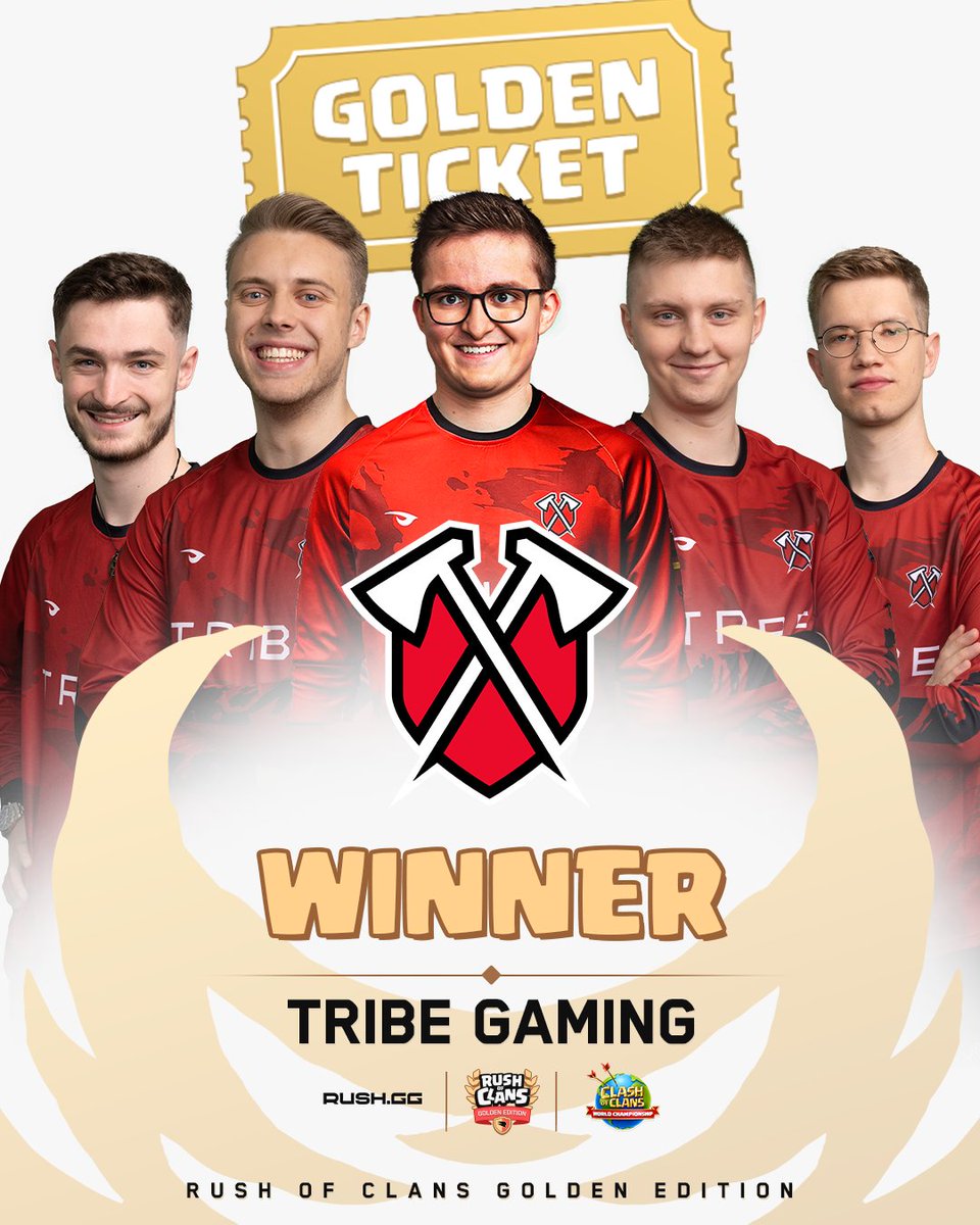 YOUR second #ClashWorlds Finalist team is decided 🔥 

@TribeGamingCoC has gone UNDEFEATED in @RUSHGGCoC and claimed the Golden Ticket 🏆

HUGE CONGRATULATIONS @Excosist_, @Nebrax_CoC, @jojo23_coc, @riqirez & @coc_Cronos! 👏🥳🎉

#ClashEsports