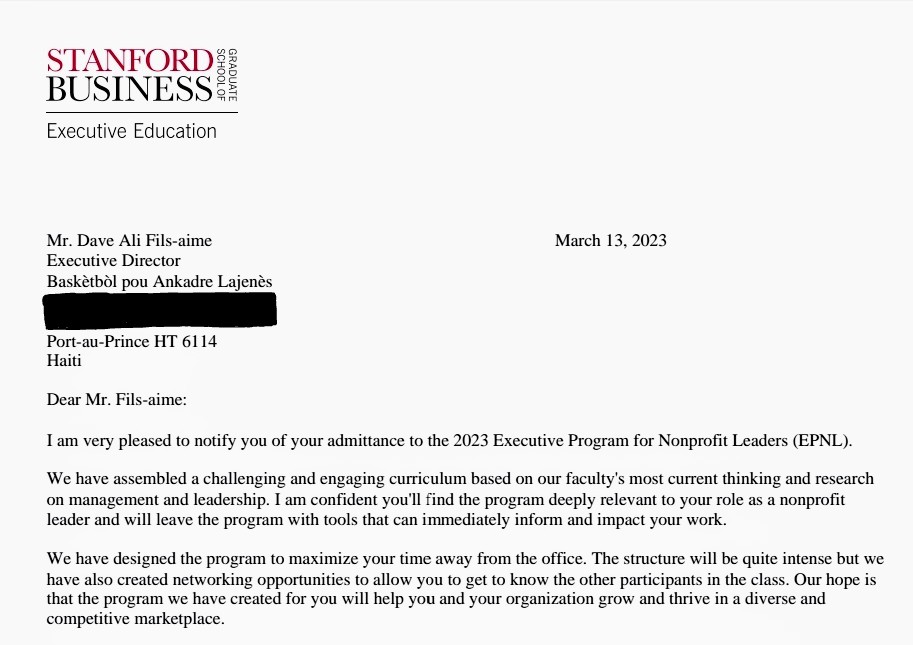 dave_filsaime's tweet photo. In March, I was notified of my admittance to @StanfordGSB's Executive Program for Nonprofit Leaders. I'm excited to begin this week-long program at Stanford today to improve my management and leadership skills in order to help @haitibasketbal continue to grow and thrive! https://t.co/yObzyHjrWZ