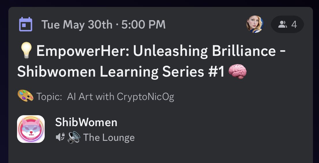 Thrilled to announce a new speaker series for #Shibwomen discord! 📣

‘EmpowerHer: Unleashing Brilliance’ is a monthly education event, with first speaker @CryptoNicOg 🎨

Please comment below or dm if you’d like to learn more about #AI art or to join us in discord!