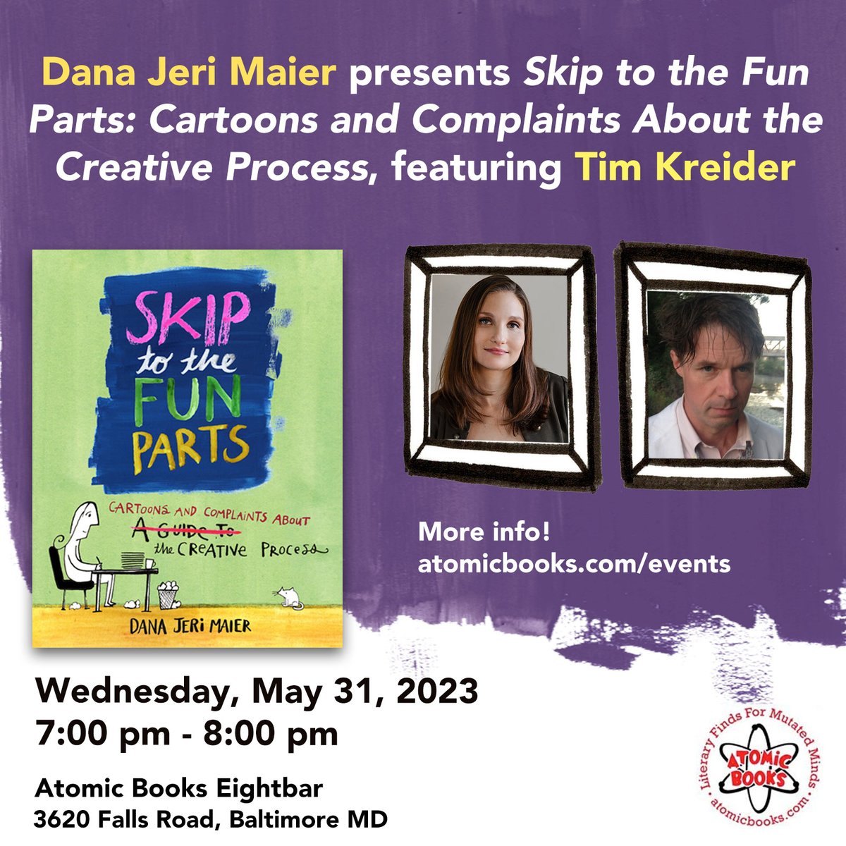 This Wednesday I’ll be chatting about Skip to the Fun Parts with Tim Kreider at <a href="/atomicbooks/">AtomicBooks</a> in Baltimore! Tim has promised to reveal his own artistic nemesis, so this should be fun. #timkreider #atomicbooks
