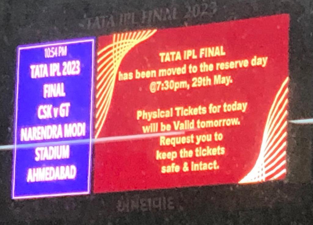insanevibs's tweet photo. It's official now.
Hope for a better weather tomorrow 🙏
#IPLFinals
#IPL2023Final 
#Ahmedabad 
#CskvsGttickets https://t.co/ebdsy86RNb