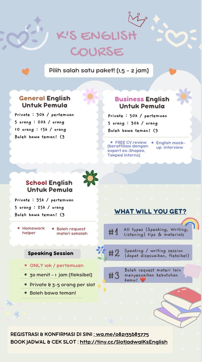 Z, et al. — English Course (@voyagedflair) on Twitter photo <a href="/worksfess/">WORK</a> Sini, sender! Bisa banget les ke English Course aku! Starts 10k aja untuk speaking session untuk durasi 60 - 90 menit. Trial / first class-nya only 10k, selanjutnya 15k. 🤗
Atau boleh banget cek paket general english, murmer 30k / pertemuan! Kalau bawa temen bisa lebih murah nih <a href="/worksfess/">WORK</a> Sini, sender! Bisa banget les ke English Course aku! Starts 10k aja untuk speaking session untuk durasi 60 - 90 menit. Trial / first class-nya only 10k, selanjutnya 15k. 🤗
Atau boleh banget cek paket general english, murmer 30k / pertemuan! Kalau bawa temen bisa lebih murah nih