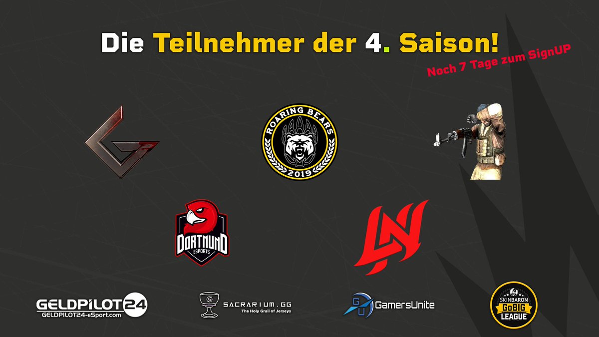 Noch 7 Tage lang könnt ihr euch anmelden!
Auf euch warten unteranderem:
<a href="/cs_gore/">cs_gore</a> 
<a href="/Roaring_Bears/">Roaring Bears e.V.</a> 
Teamflash
<a href="/UNEVENGG/">UNEVEN</a> Academy
<a href="/DortmundEsports/">Dortmund eSports</a> 
#Demo_League #Saison4
