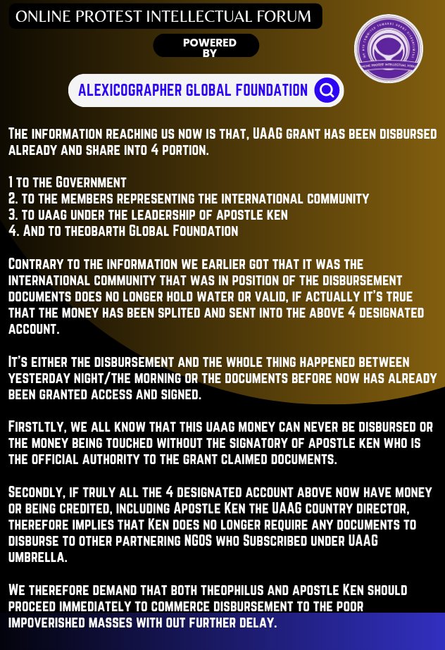 AlexicographerF's tweet photo. We have had several contradictory &amp; irreconcilable update regarding disbursement, the latest herein,
If the current information regarding disbursement making the round is correct, then the UAAG &amp; Theobarth should immediately swing into action &amp; commerce disbursement
@UN 
@CNN
@VP https://t.co/tNLRFOqzTr