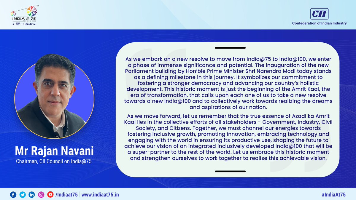 '@NavaniRajan , Chairman, CII Council on India@75 celebrating this historic day of the inauguration of the new parliament building that marks a significant step towards #Indiaat100.
#MyParliamentMyPride