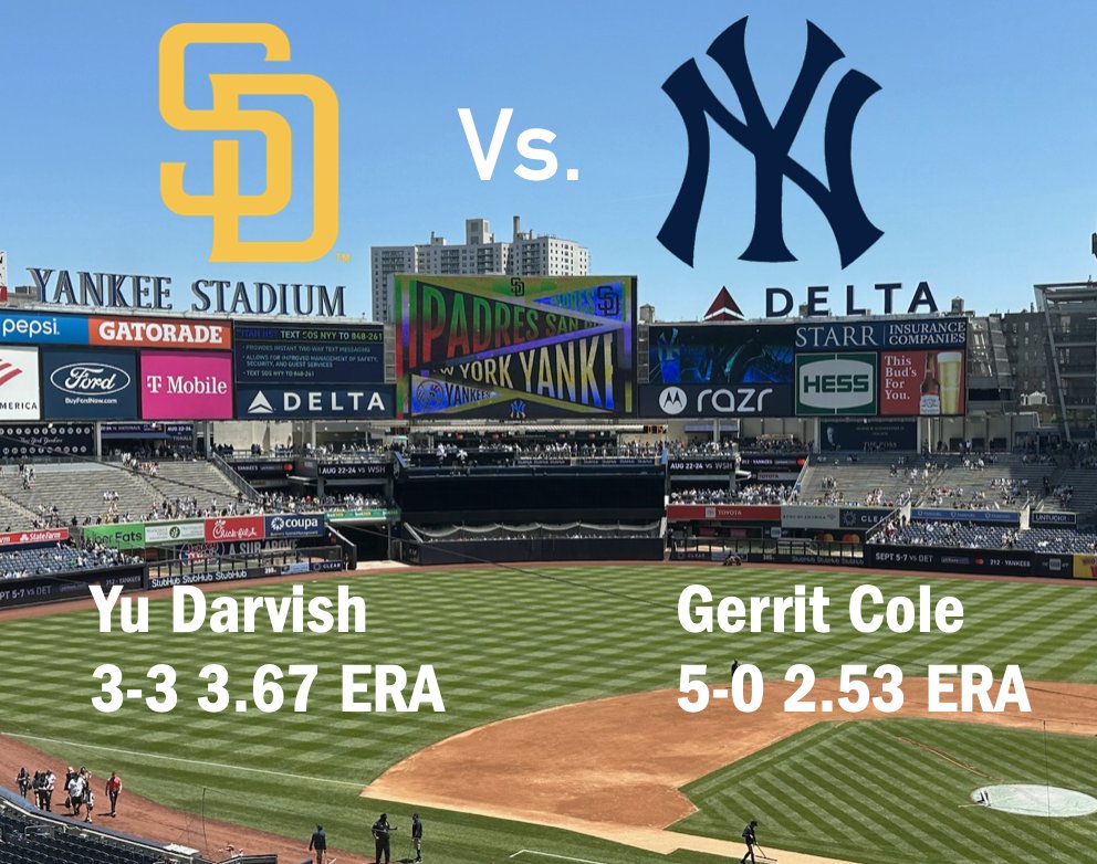 A @Padres @Yankees pitcher's duel in the Bronx! Darvish vs. Cole at a packed Stadium. Prior to the game Padres LF Juan Soto was scratched with back tightness. Stay tuned for our post-game report tonight on wkcr.org