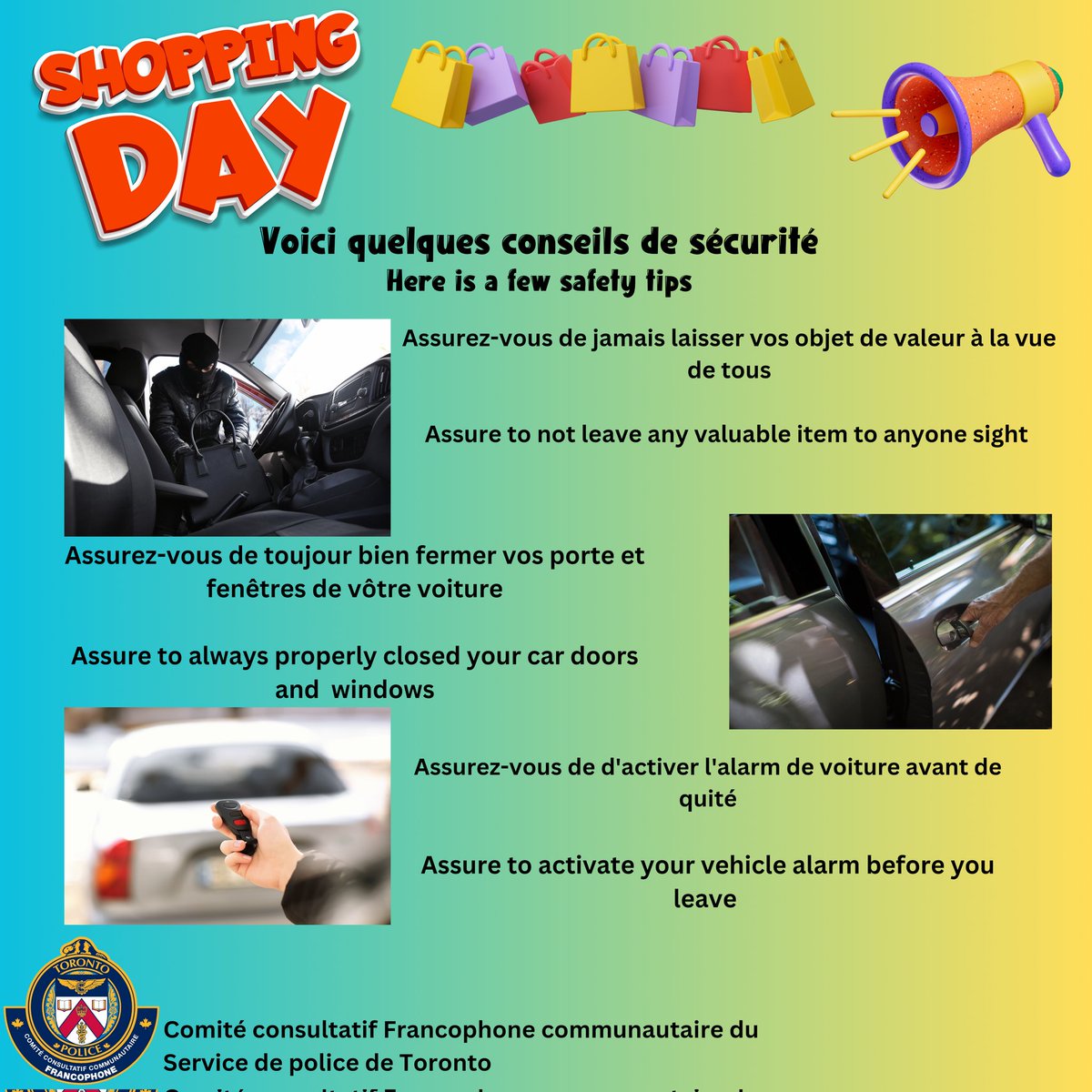 Christine Page (@fcc_tps_cpage) on Twitter photo Journée de Magasinage ? Shopping Day ?
Voici quelque petit conseil de sécurité !
Here are a few safety tips!
#journeemagasinage #shoppingday #conseildesecurite #safetytips #preventiondecrimes #crimeprevention
#fcctps
<a href="/TPS_FCC/">CCF/FCC</a> <a href="/TorontoPolice/">Toronto Police</a> <a href="/TPS_CPEU/">Community Partnerships & Engagement Unit (CPEU)</a> Journée de Magasinage ? Shopping Day ?
Voici quelque petit conseil de sécurité !
Here are a few safety tips!
#journeemagasinage #shoppingday #conseildesecurite #safetytips #preventiondecrimes #crimeprevention
#fcctps
<a href="/TPS_FCC/">CCF/FCC</a> <a href="/TorontoPolice/">Toronto Police</a> <a href="/TPS_CPEU/">Community Partnerships & Engagement Unit (CPEU)</a>