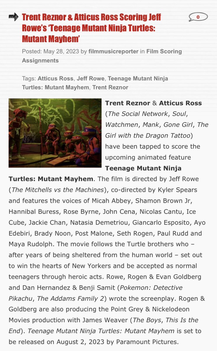According to @filmmusicrep Trent Reznor and Atticus Ross will be scoring Mutant Mayhem! 🐢 #TMNTMutantMayhem