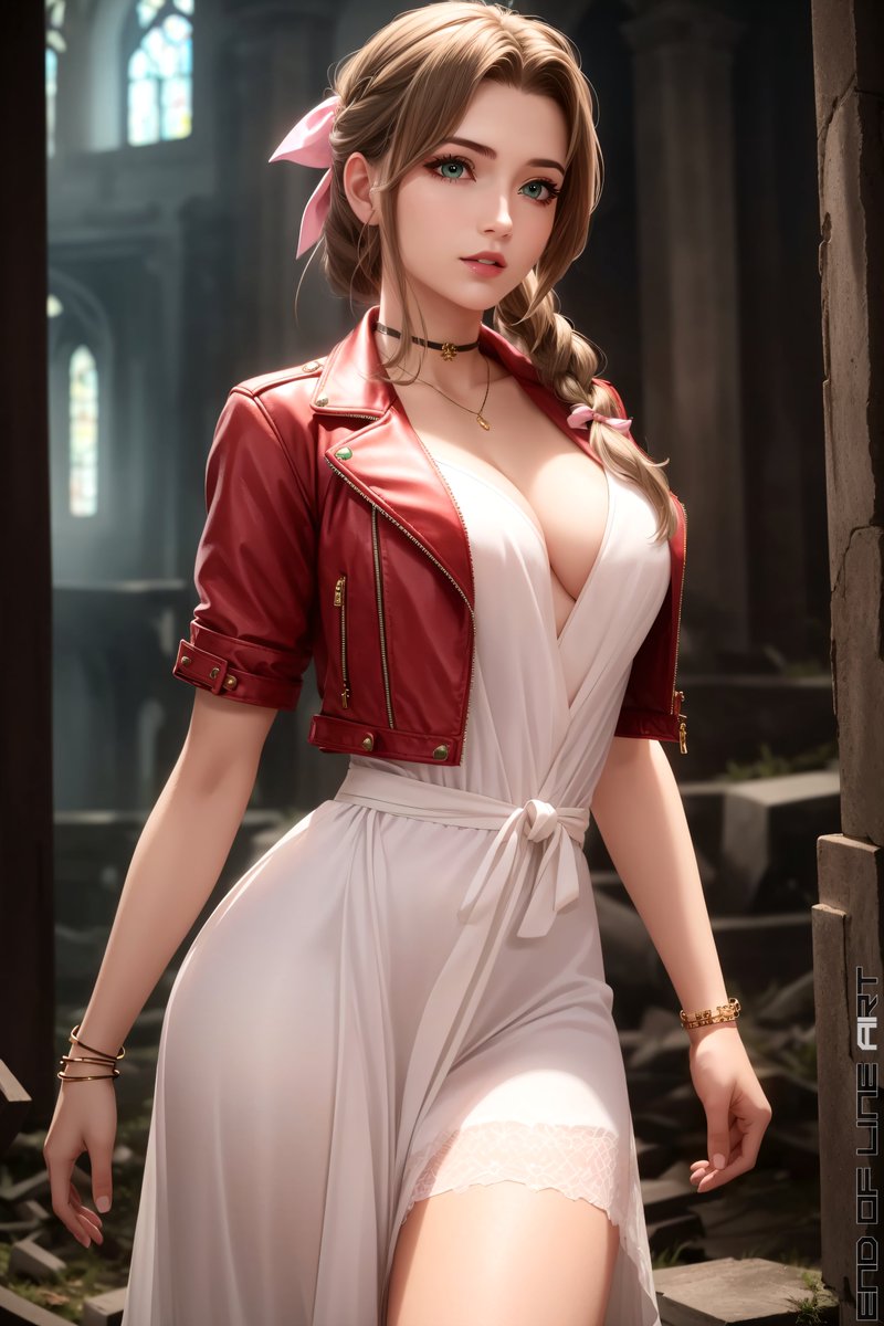 Aerith Gainsborough, from Final Fantasy 7. AI work generated by me with photoshop and editing after the fact. #Aerith #AerithGainsborough #FinalFantasyVII #FinalFantasy7Remake #finalfantasy7 #FinalFantasy #waifu #AIart #aigirls #aigirl
