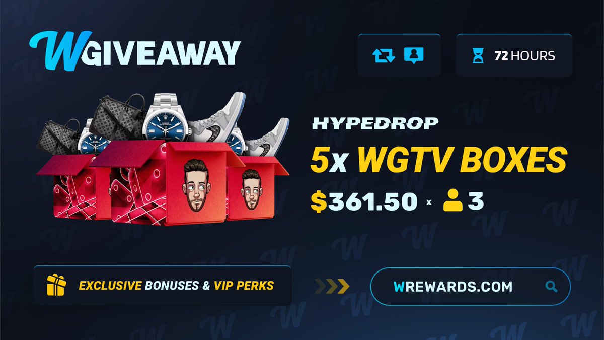 WRewardscom's tweet image. 5x Budget WGTV Boxes - 3 WINNERS Giveaway! 👀

✅ Follow us 
@WRewardscom 
✅ Like &amp;amp; RT  
✅ Join our Discord: discord.com/invite/watchga…
✅ Use Promo code WGTV over on Hypedrop: hypedrop.com/r/WGTV

End in 72hrs ⌛
(Prize will be 5x Budget WGTV Boxes per winner 3 winners total)