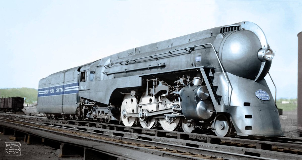 americanrails's tweet photo. While many fine examples of steam locomotives have been preserved, it sure would have been nice if at least one of these beauties had been spared, the "Dreyfuss Hudson," which powered New York Central's flagship "20th Century Limited" and exemplified the streamliner era. 

Seen here is 4-6-4 #5450 (J-3a) at Harmon, New York on April 16, 1938. While nearly all of these locomotives retained their shrouding into the postwar era, alas, #5450 did not, suffering a boiler explosion in September of 1943. Otto Perry photo/colorized by Patty Allison.

https://t.co/0E8jL2qh7c