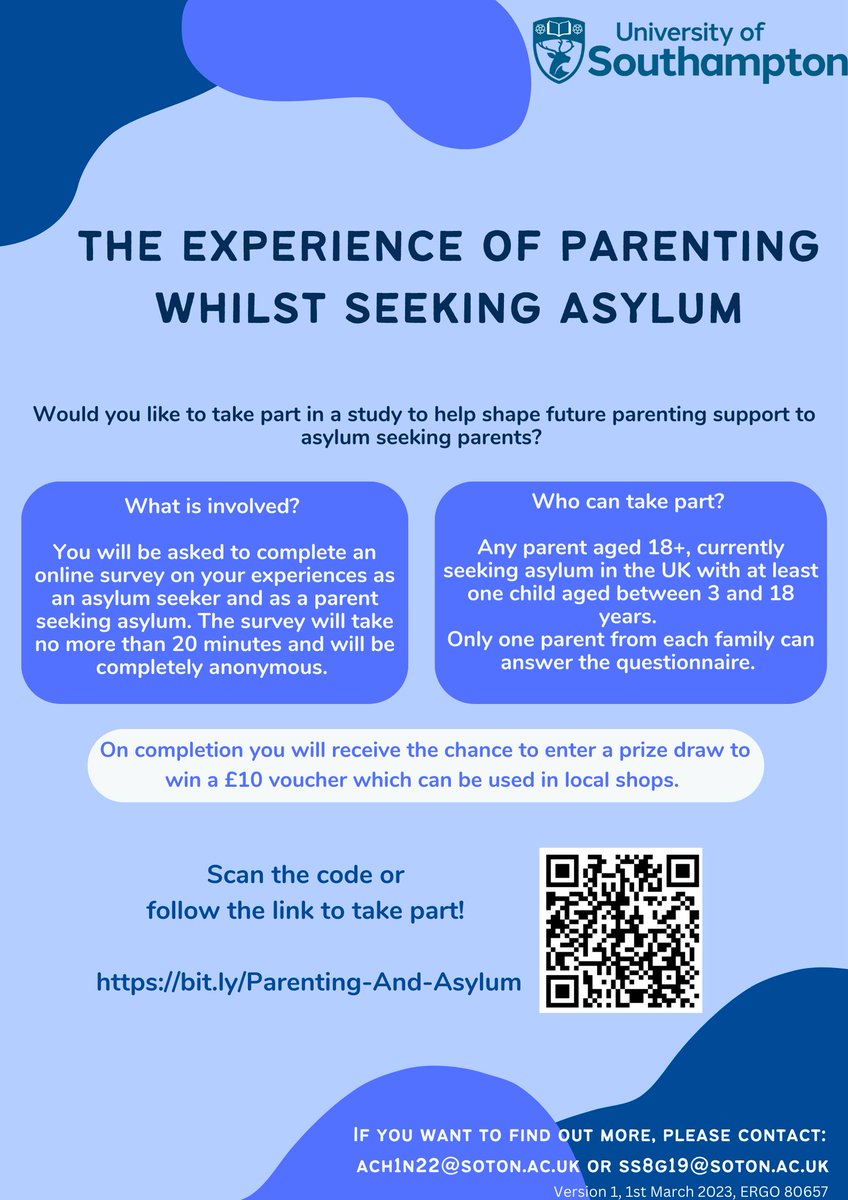 My MSc dissertation is exploring the influences and impacts on Parenting amongst Asylum Seekers.  

Scan the QR code or follow this link to take part: bit.ly/Parenting-And-…

#Refugee #asylumseeker #refugeeresearch #parenting