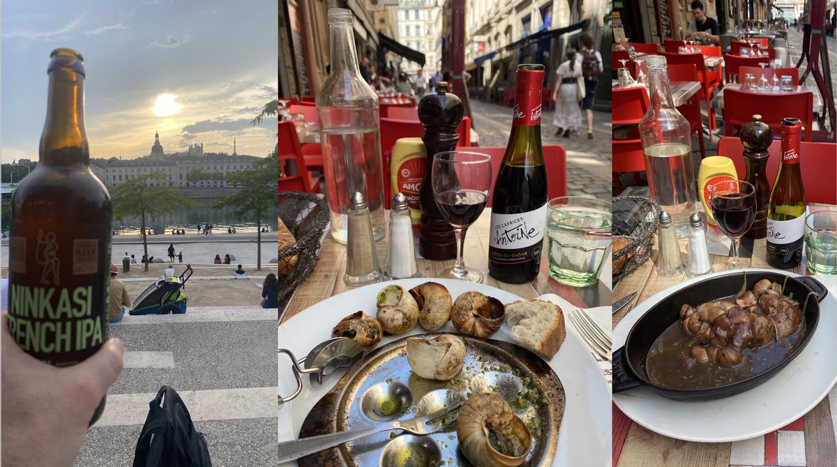 alexlenz42's tweet photo. my holistic approach to flavour physics at #FPCP2023 in Lyon: French IPA, snails and veal kidney - I was told this is really local....hope they did not just make fun of me... https://t.co/0LhzH2MsPr https://t.co/1brXr7peUy