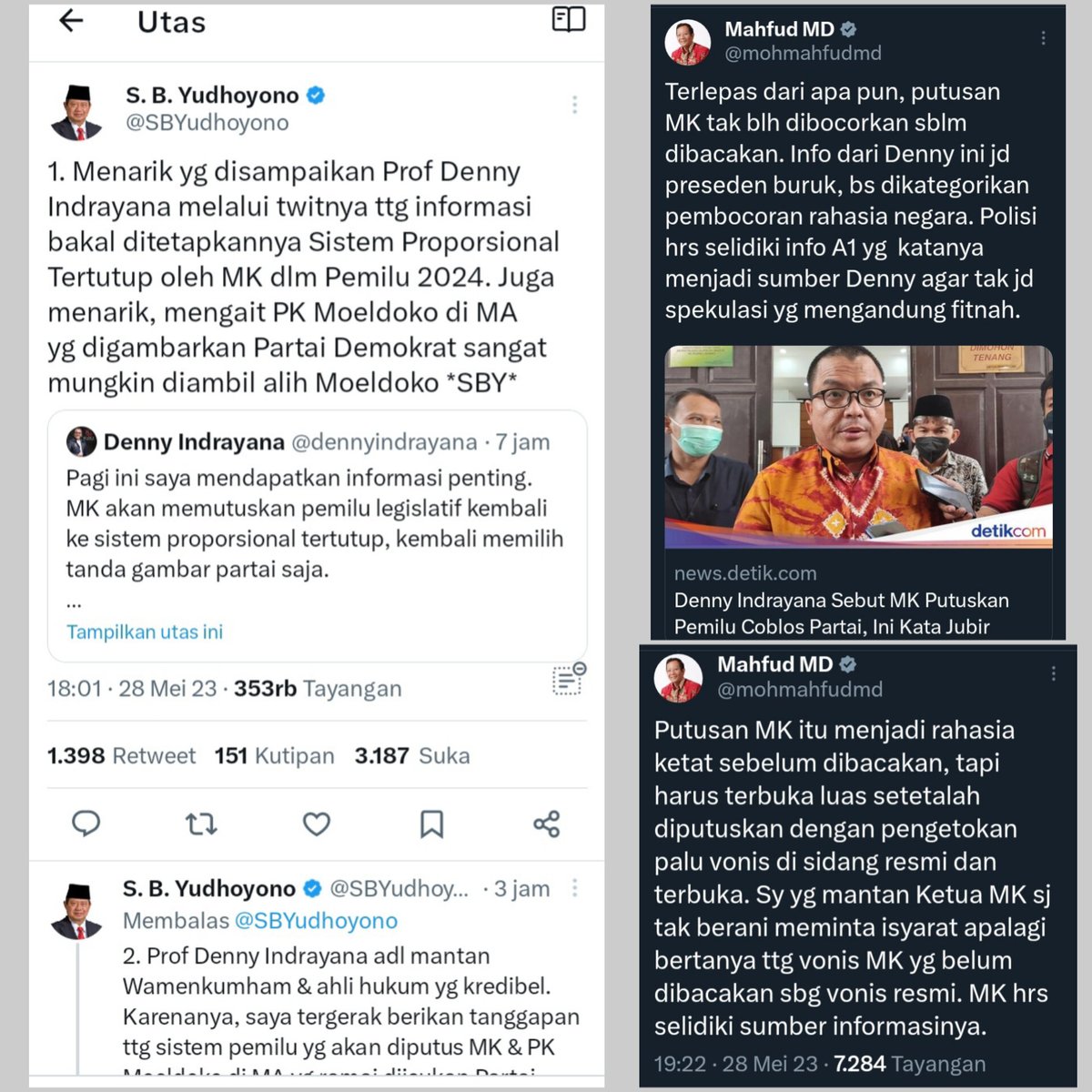 Bedanya <a href="/SBYudhoyono/">S. B. Yudhoyono</a> dan <a href="/mohmahfudmd/">Mahfud MD</a> menanggapi informasi dari Denny Indrayana.

SBY langsung goreng dan memakainya unk menyerang dan mengaitkan dgn pihak Moeldoko pdhl MK aja belum memutuskan.
Sedangkan prof Mahfud mengingatkan bahwa perbuatan Denny ini tdk dibenarkan.
Meminta