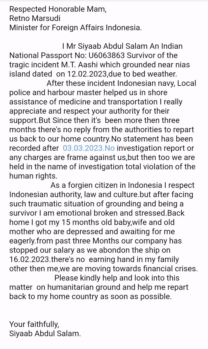 SalamSiyaab's tweet photo. Help indian seafarer to repart back Home 🙏@Menlu_RI @BASIR_IFS @MEAIndia @sarbanandsonwal @shipmin_india @dgship_goi @DrSJaishankar @AllSeafarers @India_NHRC @PrasharSdp @iswan_asia @iswan_org @ITFglobalunion @UN_HRC @hratsea @AmbVMKwatra @drausaf @embassy_help @IndianEmbJkt https://t.co/dOI1ZdoTFR