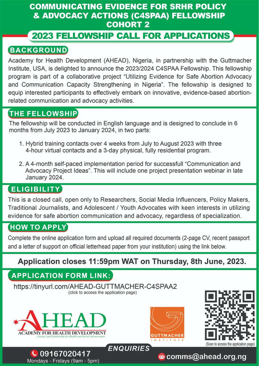 Apply for <a href="/AHEAD_nigeria/">Academy for Health Development</a> &amp; <a href="/Guttmacher/">Guttmacher Institute</a>’s C4SPAA Fellowship! Open ONLY to researchers, policy makers, social media influencers, traditional journalists &amp; youth advocates with keen interests in communicating evidence on #SRHR action and policy in #Nigeria🇳🇬. tinyurl.com/AHEAD-GUTTMACH…