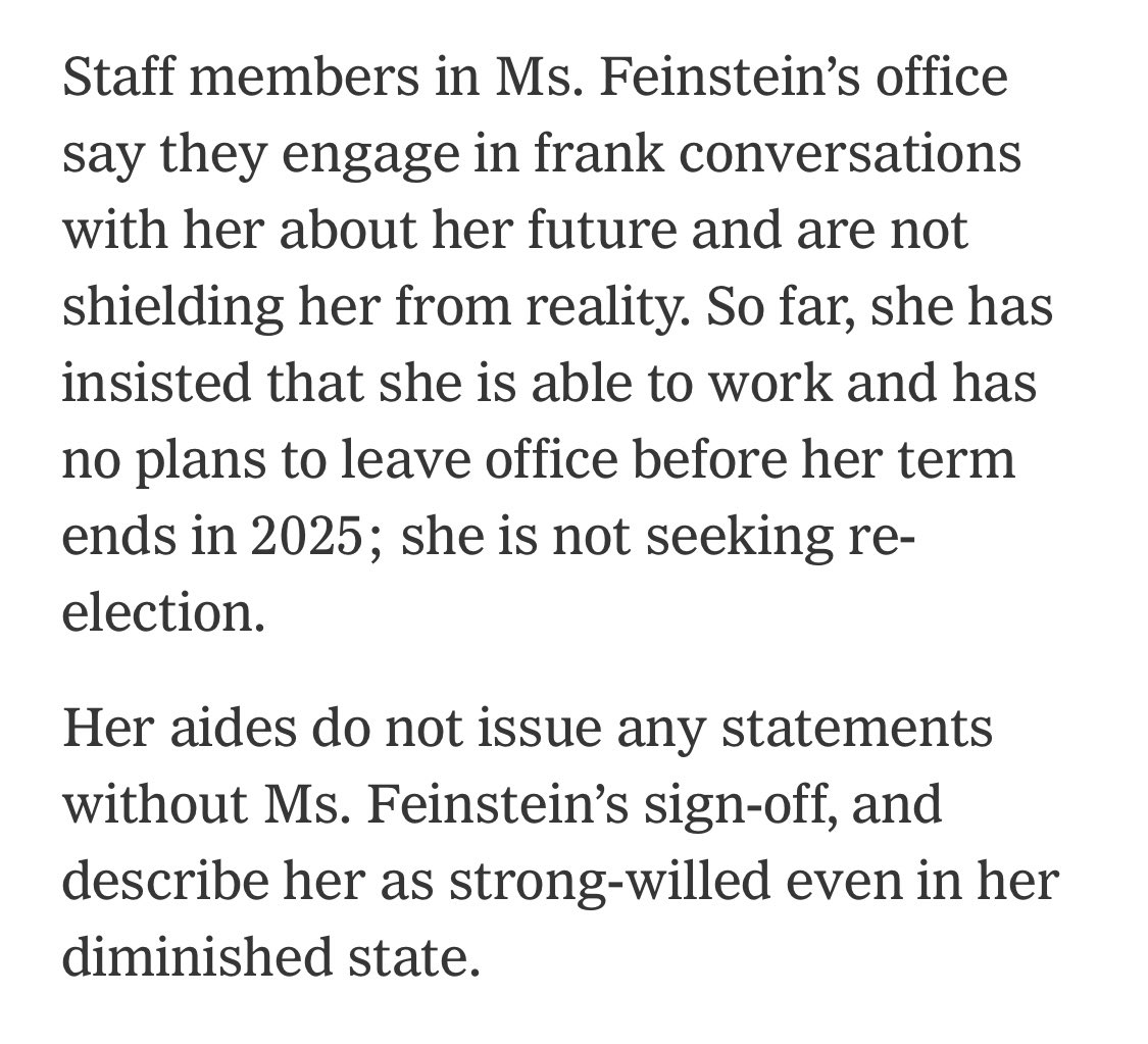 whstancil's tweet photo. This Times story is a defense of Feinstein’s staff, saying she doesn’t want to resign and signs off on all documents. It somehow avoids the common-sense question of how that could be true of someone confused about basic facts, like how the Senate works or what she was sick from. https://t.co/KNJa68Tup6