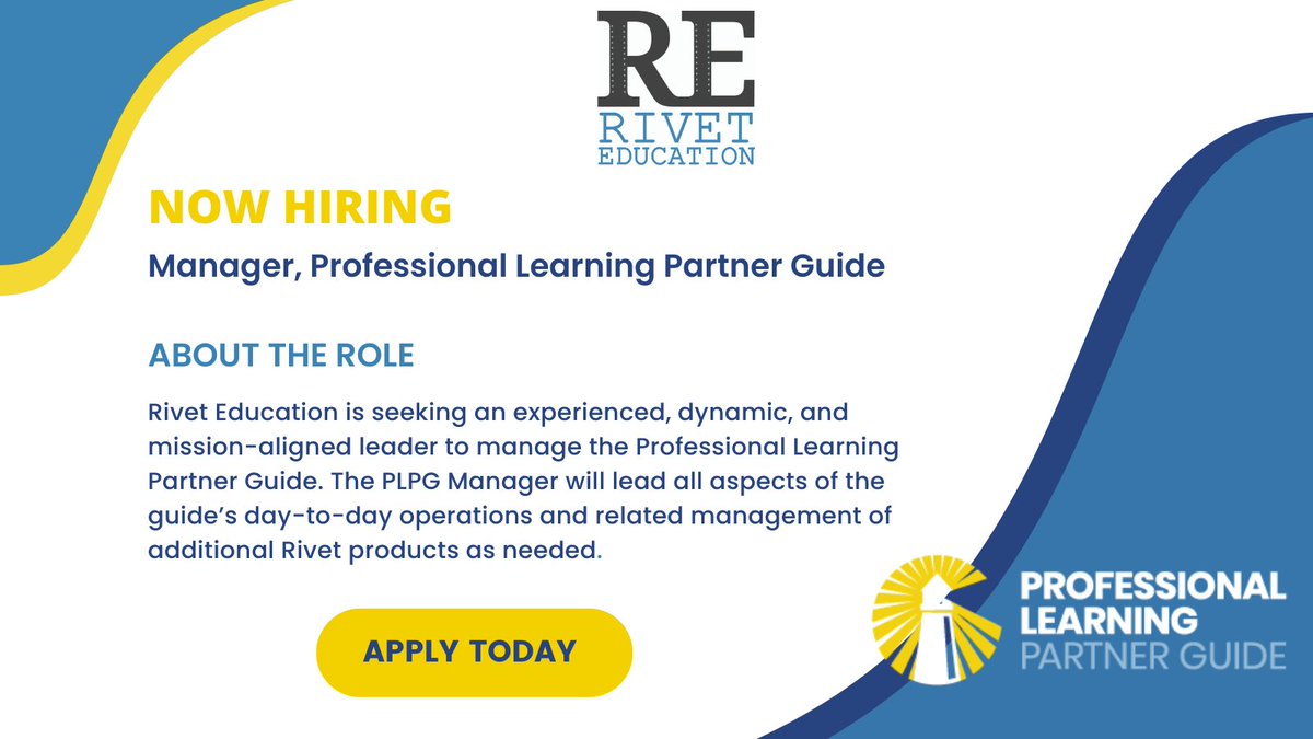 Join our team at @Rivet_Education! 

We're seeking an experienced, dynamic, &  mission-aligned leader to manage our Professional Learning Partner Guide.

Learn more & apply here:

#CurriculumPL #CurriculumMatters @robin_mcclellan @HirshLF @CurriculumMatrs
jacqbennettconsulting.applytojob.com/apply/ndGJS7wP…