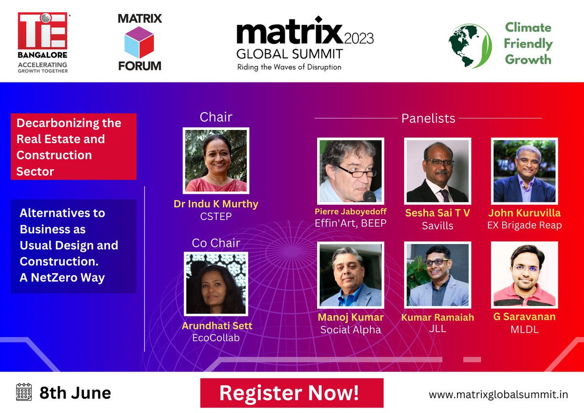 📢 Exciting Announcement! 📷 Join us for the Flagship Summit of TiE Bangalore Matrix Forum. 

Register now at matrixglobalsummit.in to secure your spot! 

Date: June 7th - 8th, 2023 Venue: BIC, Domlur, Bengaluru  
#MatrixGlobalSummit #SustainableFuture #Decarbonization