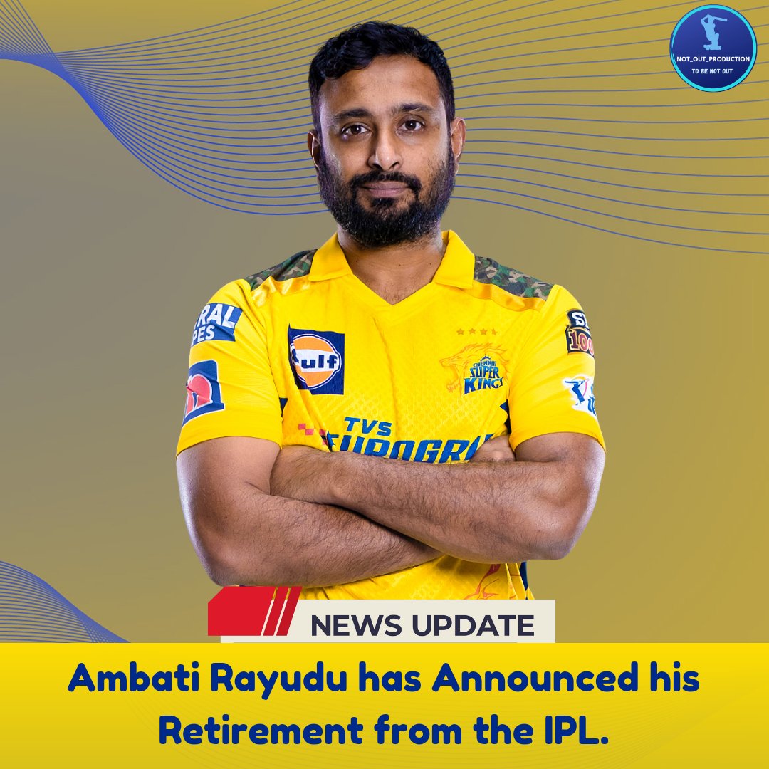 NOT_OUT_PROD's tweet photo. Ambati Rayudu will be playing his last IPL Match Tonight 💛.

#AmbatiRayudu #AR #Retirement #LastMatch #LastIPL #CSK #TATAIPL2023 #NotOutProduction #ToBeNotOut https://t.co/6esYxzaeV1