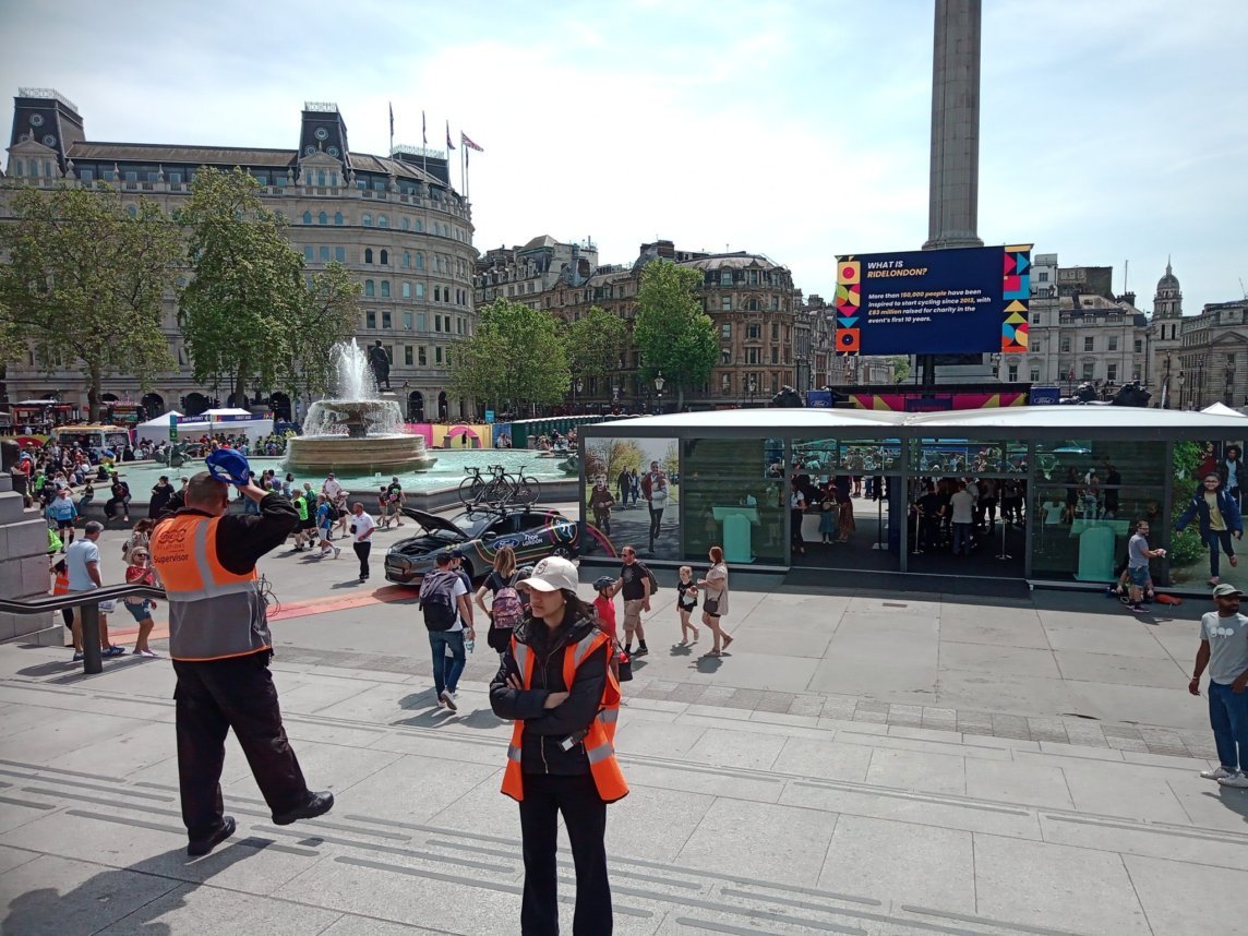 Trafalgar Square, and Ride London sponsors the Ford Motor Company. I'm sure they do make bicycles too.
These pictures don't show the crowds, but there were a LOT of people there.