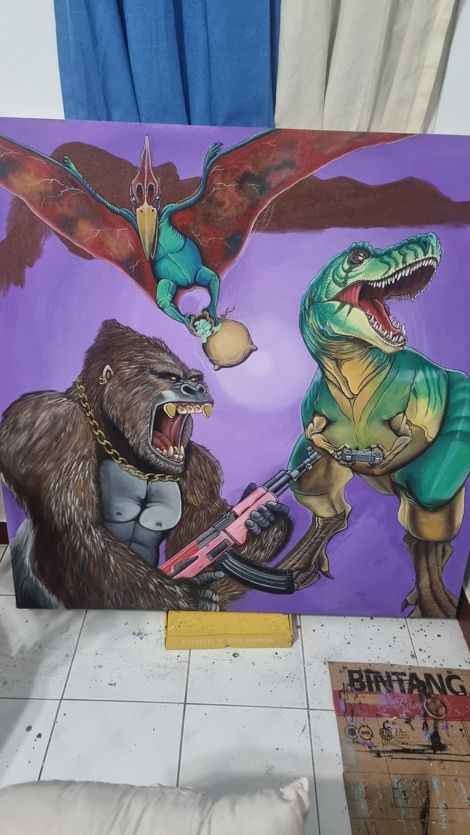 Little update on our bank robber friends...... this is the biggest painting we have done and can't wait to finish it :):):):) 
#acrylicpainting #painting #canvas #bankrobbers #dinosaur #canvaspainting #NFT #acrylic