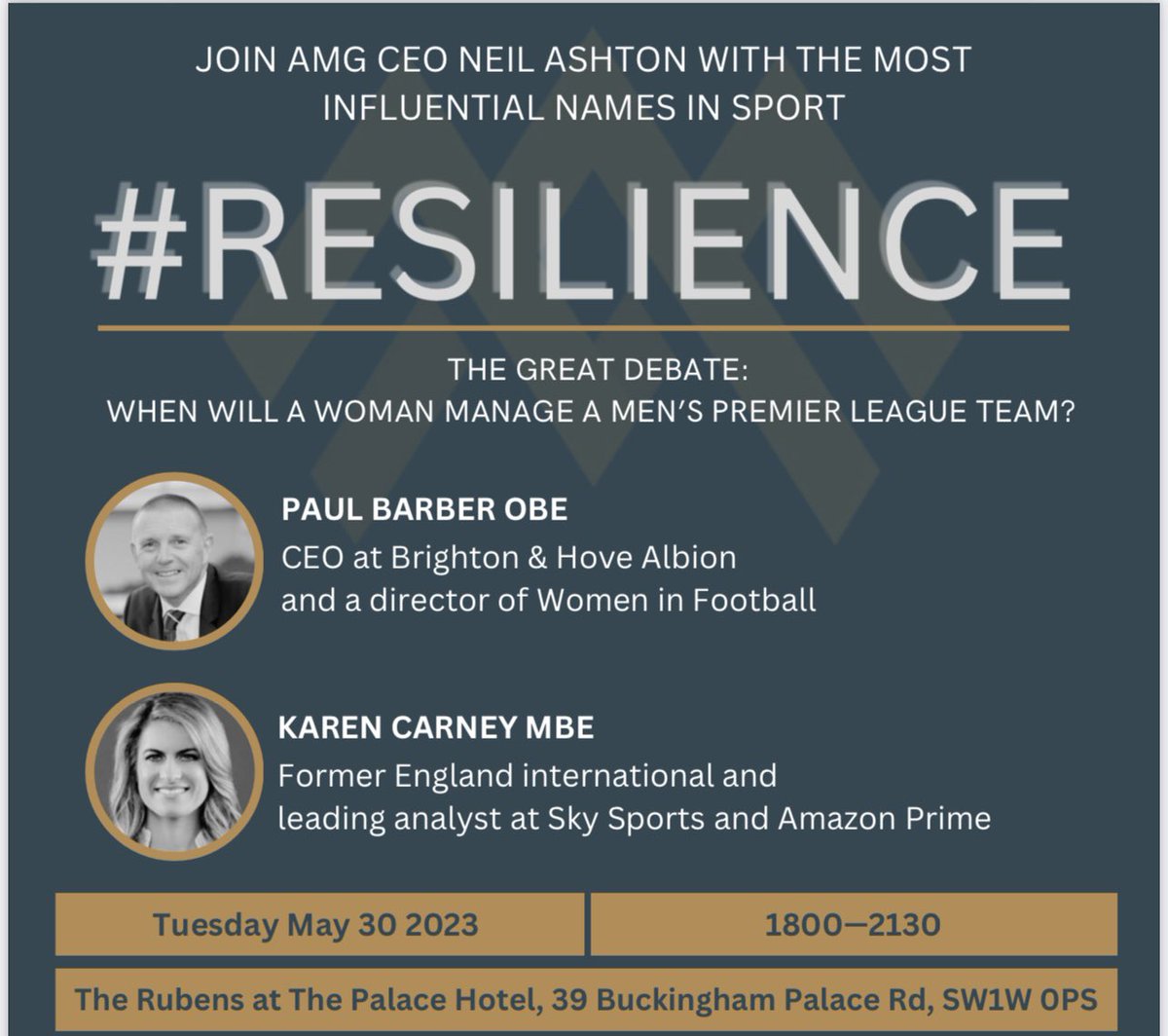 It’s happening … we are looking forward to our next #RESILIENCE event with two of the sport’s most respected thought-leaders in London on Tuesday. 

Our events are always sold out but industry professionals and sports execs can still join the wait list: info@amg-global.co.uk