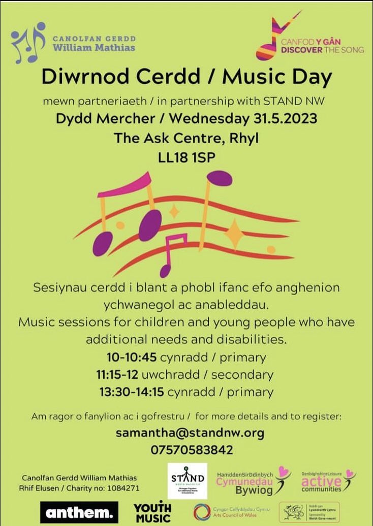 🎵Music day for DENBIGHSHIRE Families
STAND North Wales CIC, in partnership with Canolfan Gerdd William Mathias, are hosting a MUSIC DAY for Denbighshire families.🎵

📅Date: Wednesday 31st May 2023
🗺️Venue: The ASK Centre, Water Street, Rhyl, LL18 1SP