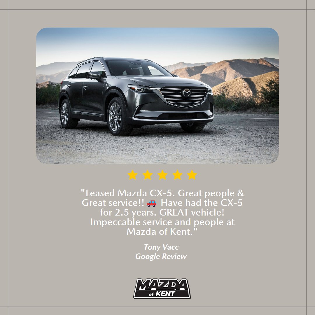 Here at Mazda of Kent, we love our customers, and they love us too! ✨ Have you recently had a stellar experience with Mazda of Kent? We would like to her from you!

#MazdaofKent #KentMazda #CustomerTestimonial #ExceptionalCustomerService