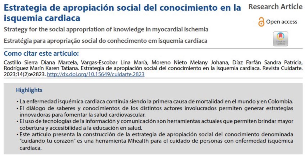 EnfermeriaUEB's tweet photo. ¡Excelente trabajo de los profesores de @EnfermeriaUEB de @U_ElBosque en @RevCuidarteUDES ! La estrategia de apropiación social del conocimiento en la isquemia cardiaca es fundamental para la salud.
#Investigación
🔗 https://t.co/YEIdQXlQrZ https://t.co/SEN8JDmwvB