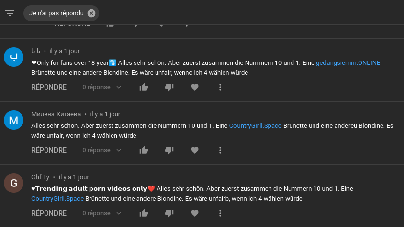 gagner_de's tweet photo. Commentaires de spam porno ou d'escroqueries sur #Youtube. Arrêtez de bannir les comptes, ce sont des robots illimités. Voici comment bloquer définitivement touss les commentaires dangereux sous vos vidéos: https://t.co/or6vGxdQPf #Entraide #Débrouille #OlivierRoland #Sécurité https://t.co/2m6wRoA5JD