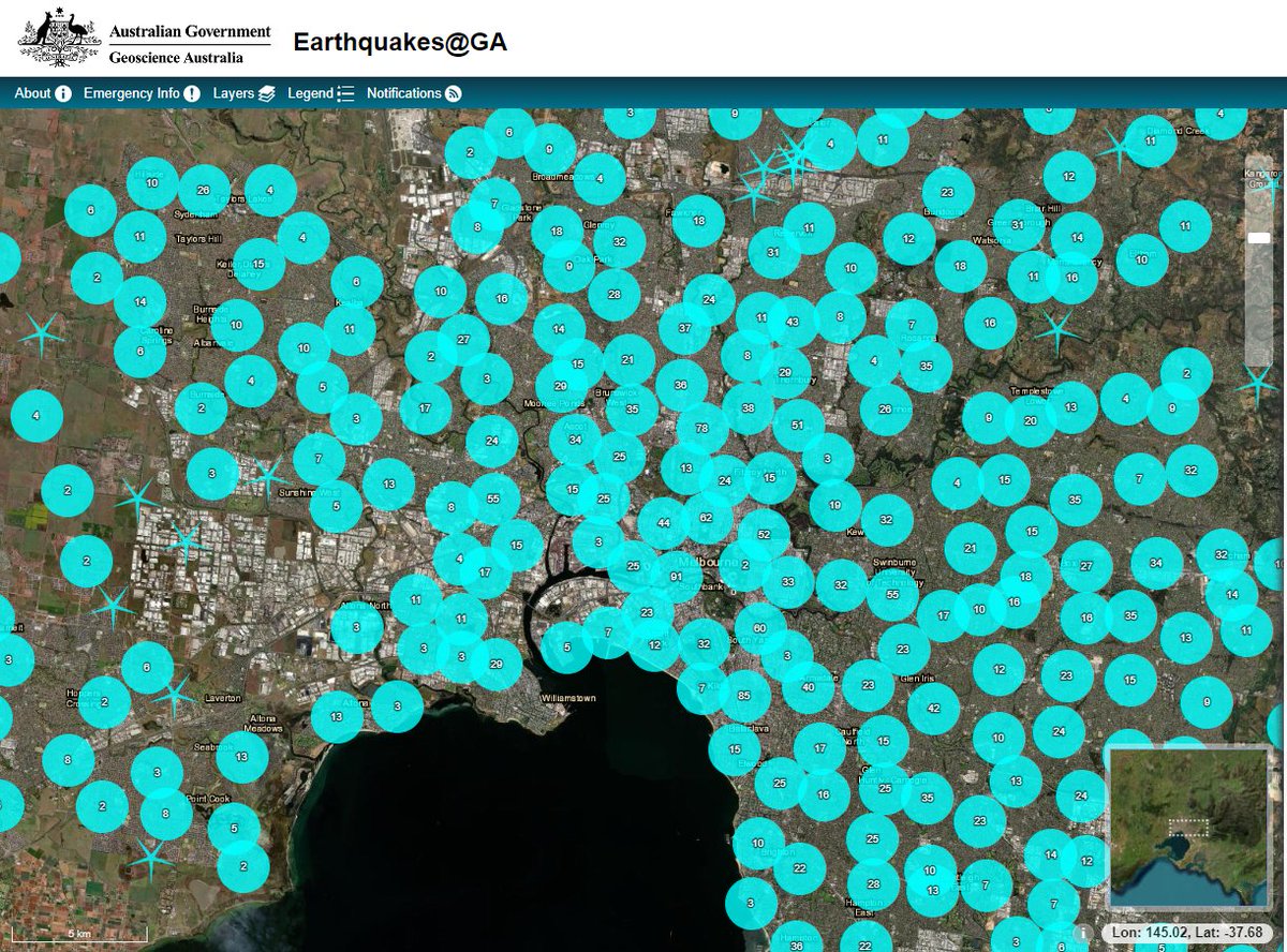 khassapov's tweet photo. @vicsesnews Reports can be seen on the Geosciences Australia website:
https://t.co/Ch0W54Gghr

Each blue mark is a "felt report" within the last 1 hour.
Press on "Layers" > Overlays to update the time from the default 24 hours. https://t.co/tjvaL4q1ii